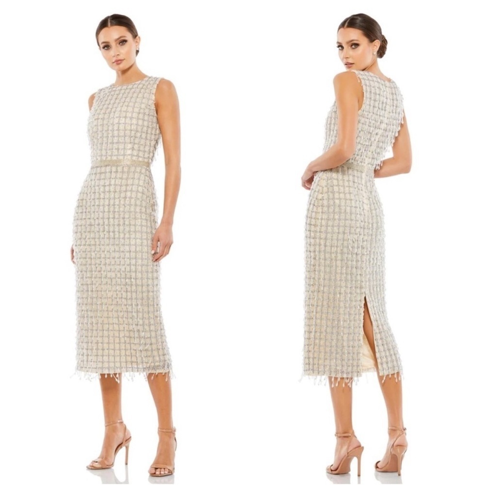 Mac Duggal Sleeveless High Neck Chandelier Beaded Midi Sheath Dress Size 10